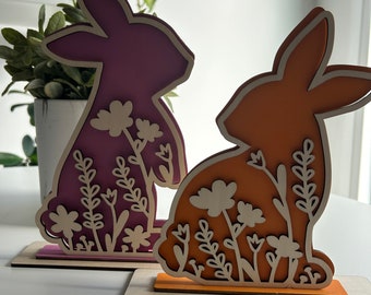 Lapins de Pâques en bois découpés et gravés au laser - Lot de 2 décorations de Pâques faites main
