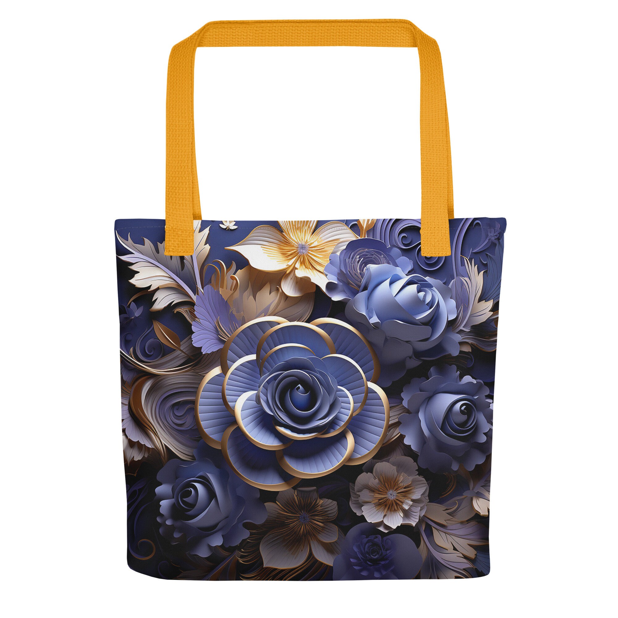 Royal Midnight Bloom Tote Bag Elegant Floral Navy and Gold Tote