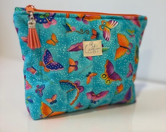 Handmade blue butterfly makeup bag | Cotton cosmetic pouch | Women's travel bag | Small storage pouch