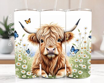 Cute Highland Cow Tumbler Wrap, Seamless Butterfly 20oz Skinny Tumbler Wrap, Western Cow Sublimation png, Birthday Mother's Day Gift for Mom