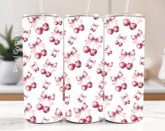 Coquette Cherries Tumbler Wrap, 20oz Skinny Sublimation Design, Pink and Red Preppy Cherry Pattern Coquette Print, Cherry Motif png