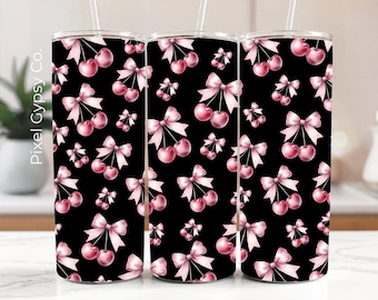 Cherry Bow Tumbler Wrap PNG, 20oz Skinny Tumbler Sublimation, Sublimation Wrap PNG, Watercolor Cherries Seamless Wrap, Digital Download