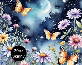 Mystical Butterfly Tumbler Wrap, Fairycore Midnight Sky Moon and Stars Sublimation 20oz Skinny Tumbler Wrap, Seamless Floral png