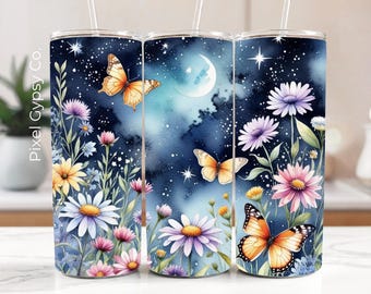 Donkere cottagecore-wrap met vlinderbeker, mystieke middernachtelijke hemel, maan en sterren sublimatie 20oz magere bekerverpakking, naadloos bloemen, png