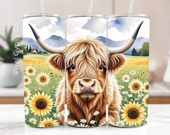 Highland Cow Tumbler Wrap, Seamless Sunflower 20oz Skinny Tumbler Wrap, Western Cow Sublimation png, Birthday Mother's Day Gift for Mom