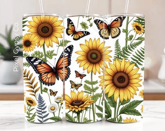 Sunflowers Tumbler Wrap, Monarch Butterfly 20oz Skinny Tumbler Wrap, Botanical Flowers Sublimation png, Sunflowers png, Butterfly Garden