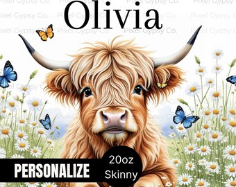 Personalized Highland Cow Tumbler Wrap, Seamless Butterfly 20oz Skinny Tumbler Wrap, Cow Sublimation png, Birthday Mother's Day Gift for Mom