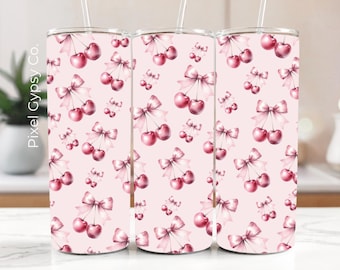 Cherry Bow Tumbler Wrap PNG, Coquette Valentine aquarel sublimatie, 20oz magere beker, Valentine Cherry patroon, digitale download
