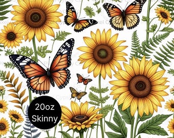 Sunflowers Tumbler Wrap, Monarch Butterfly 20oz Skinny Tumbler Wrap, Botanical Flowers Sublimation png, Sunflowers png, Butterfly Garden