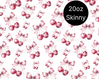 Cherry Bow Tumbler Wrap PNG, Coquette Valentine Watercolor Sublimation, 20oz Skinny Tumbler,  Valentine Cherry pattern, Digital Download