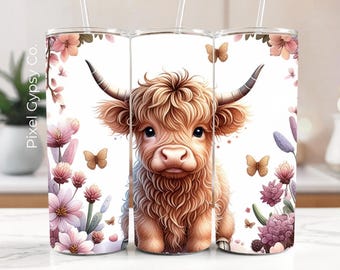 Personalized Text Highland Cow Tumbler Wrap, Seamless 20oz Skinny Tumbler Wrap, Highland Cow Sublimation png, Birthday Mother's Day Gift