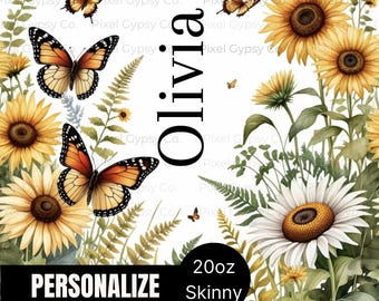 Personalized Tumbler Wrap, Custom Butterfly Sunflower 20oz Skinny Tumbler Wrap, Floral Sublimation png, Birthday Mother's Day Gift for Mom