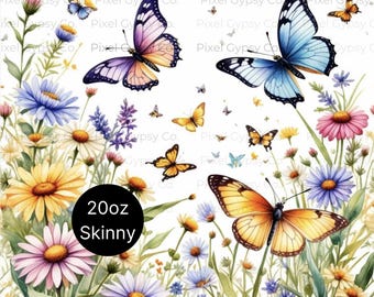 Wrap beker lentebloem, wilde bloemen en vlinders 20oz skinny beker wrap, naadloos botanisch sublimatie bekerontwerp, png