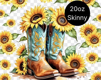 Cowgirl boots Tumbler Wrap PNG,  Sunflower Boho Western 20oz Skinny Tumbler, Cowgirl Sublimation Wrap PNG, Seamless Wrap, Flower print png