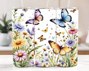Butterfly Tumbler Wrap, Wildflowers 20oz Skinny Tumbler Wrap, Seamless Sublimation tumbler design png, Boho Butterfly png Download