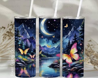 Butterfly Tumbler Digital Download, Neon Butterflies 20os Skinny Seamless Tumbler Sublimation png, Mystical Fantasy Mountain Tumbler Design