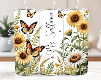 Gepersonaliseerde wrap voor leraar beker, vlinderzonnebloem 20oz magere beker wrap, botanische sublimatie png, cadeau leraar waardering cadeau