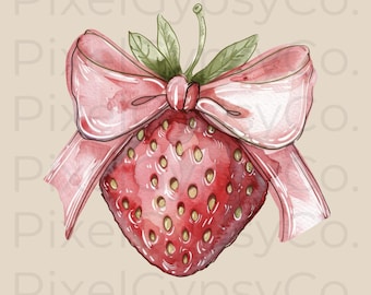 Strawberry png, Watercolor Strawberry print, Pink Coquette Aesthetic Bow Sublimation Print, Fruit Clip Art, Strawberry Clip Art