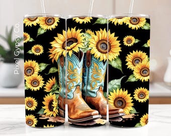 Sunflower Tumbler Wrap PNG,  Cowgirl Boots Boho Western 20oz Skinny Tumbler, Cowgirl Sublimation Wrap PNG, Seamless Wrap, Digital Download