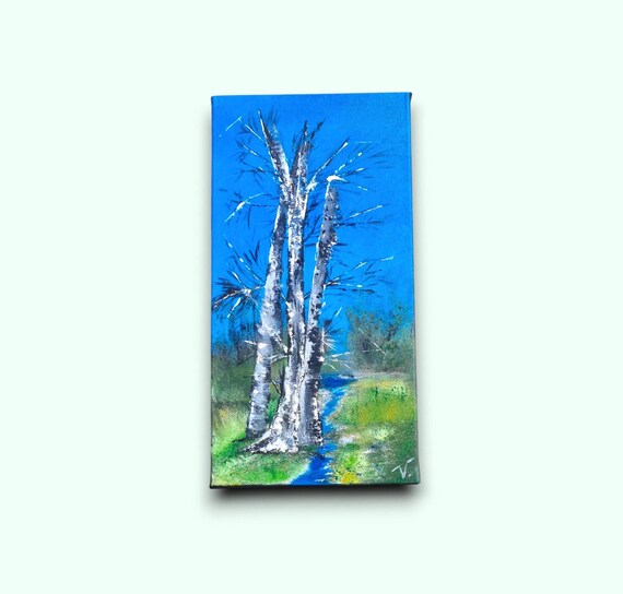 Tableau Original Peinture Acrylique – Paysage Bouleaux Blancs, Art Nature Moderne & Décoration Murale