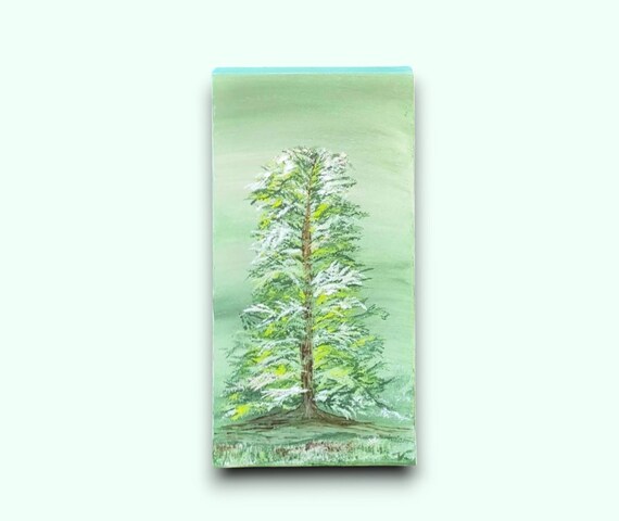 Tableau Sapin Vert Hiver – Peinture Acrylique Originale Minimaliste, Décoration Murale Moderne