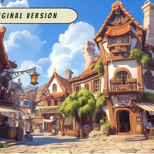 May include: A cartoon illustration of a quaint medieval village with cobblestone streets, wooden buildings, and a sign that reads "Kwav's".