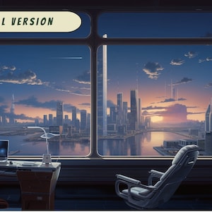 May include: A view of a city skyline at sunset from a high-rise office. The office has a large window, a desk with a laptop, a chair, and a lamp. The city skyline is visible through the window, with tall buildings and a river in the foreground.