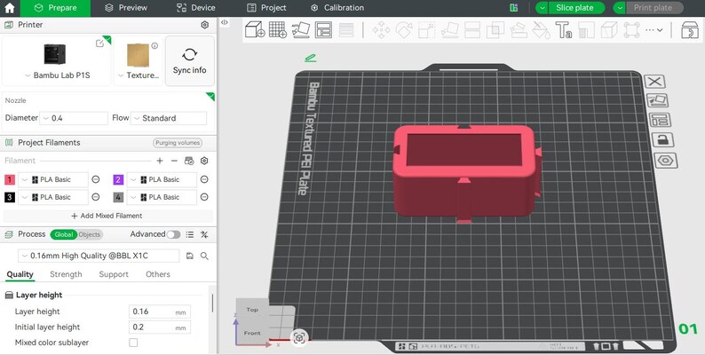 May include: A red rectangular 3D model is shown on a computer screen, part of a 3D printing project. The software interface includes printer settings, filament selection, and quality adjustments. The model is on a textured plate, with measurements in mm.