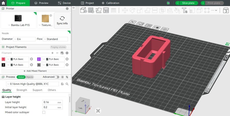 May include: A 3D modelling software interface displaying a red rectangular object on a textured PEI plate. The interface shows printer settings, including nozzle diameter and filament options. The layer height is set to 0.16 mm.