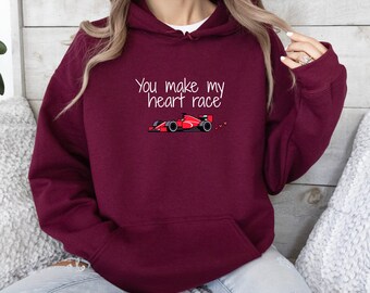 You Make My Heart Race Valentine's SweatHoodie, Cute Race Car, Valentine's Day Hoodie , Valentine's Day Gift, Heart Shaped Exhaust Fumes