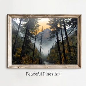 Peinture de paysage de montagne rustique | Art mural imprimable | Montagnes, rivières, nature | Téléchargement numérique | Art paisible de pins