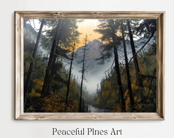 Rustic Mountain Landscape Painting | Printable Wall Art | Mountains, River, Nature | Digital Download | Peaceful Pines Art