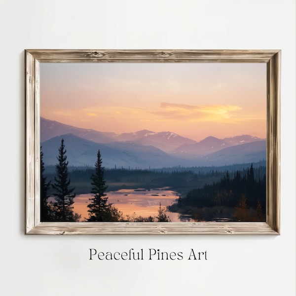 Pintura de paisaje de montaña de desierto rústico / Arte de pared imprimible / Montañas, Lago / Descarga digital / Arte de pinos pacíficos