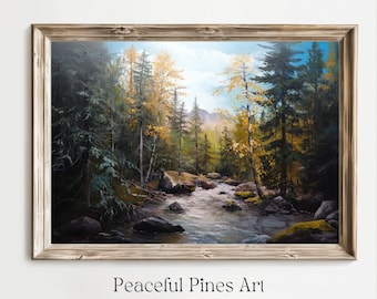 Rustic Mountain Landscape Painting | Printable Wall Art | Mountains, River, Nature | Digital Download | Peaceful Pines Art