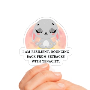 May include: A sticker featuring a cartoon bunny in a meditative pose, with closed eyes and pink accents. The sticker has the text: "I AM RESILIENT, BOUNCING BACK FROM SETBACKS WITH TENACITY."