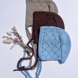 Handgebreid katoenen babymutsje | Pixie-stijl, vintage kantpatroon, mutsje voor pasgeborenen
