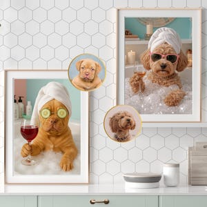 Ritratto di cane divertente, foto personalizzata di animali domestici, stampabile, decorazione da parete per la casa, ritratto digitale di animali domestici, decorazione da bagno, regalo personalizzato per gli amanti degli animali.