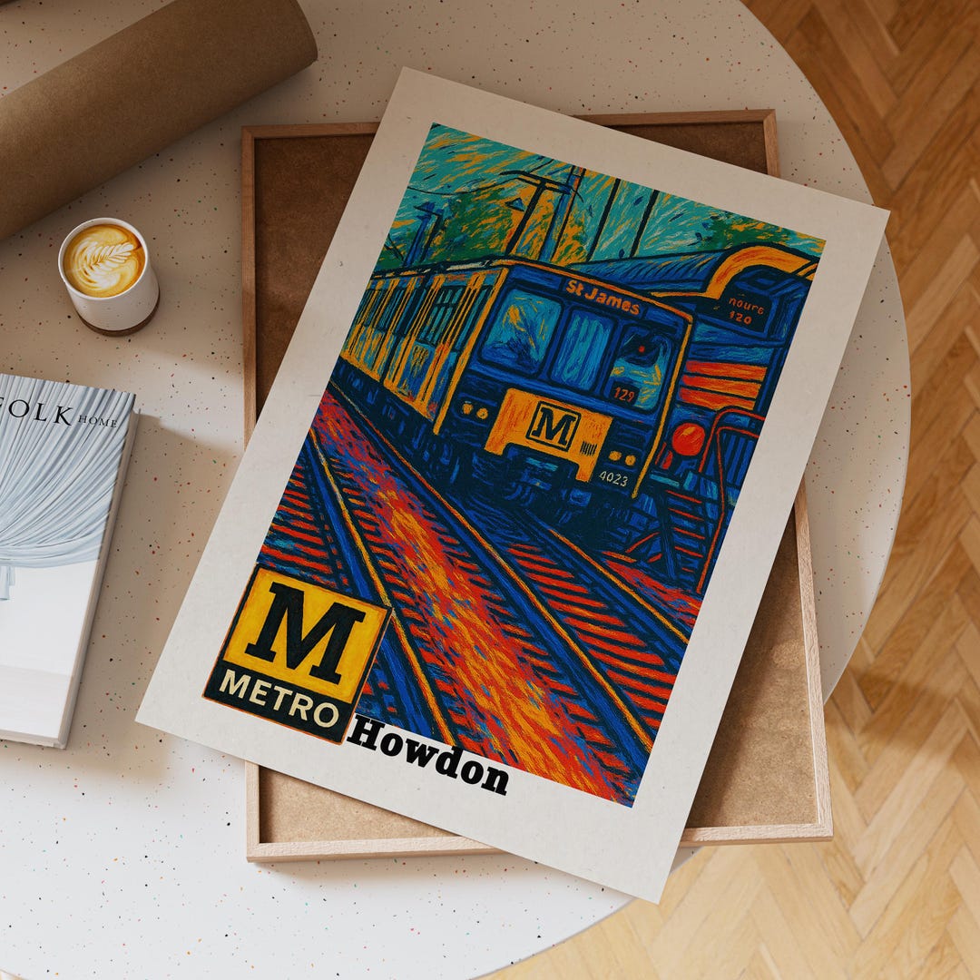 Digital Art Print - Howdon Metro Poster Blue Orange Train Illustration ...