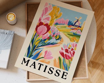 Windmill Tulip Field Art Print: Dutch Landscape, Pink Flowers (Digital Download 11x14 Ratios)