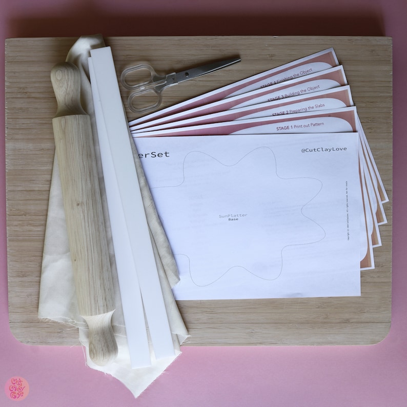 printable pottery template for slab building with ceramics tools including rolling pin, scissors and fabric