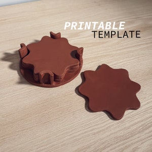May include: A set of five brown, star-shaped coasters with a scalloped edge. The coasters are stacked on top of each other, with the top coaster having a slightly raised edge. The text "PRINTABLE TEMPLATE" is visible in the image.