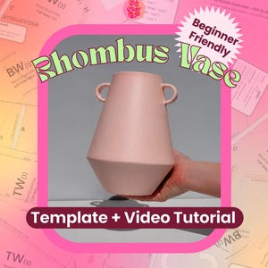 May include: A light pink vase with a geometric rhombus shape and two small circular handles on the sides. The image includes text that reads Rhombus Vase, Beginner Friendly, and Template + Video Tutorial against a background of paper patterns.