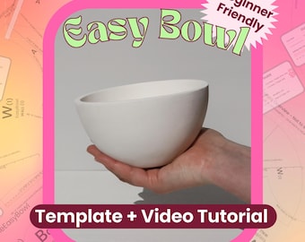 May include: A plain white ceramic bowl with a smooth, matte finish. The text "Easy Bowl" is displayed in large, light green letters at the top, with a pink starburst graphic labeled "Beginner Friendly" and "Template + Video Tutorial" below.
