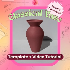 May include: A matte dark red vase with a wide, flared rim and a tapered body. The image features text that reads Classical Vase, Instant Download, and Template + Video Tutorial, set against a pink background with technical pattern markings.