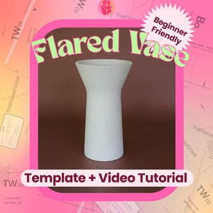 May include: A light gray flared vase with a wide opening and a cylindrical base. The image features text that reads Flared Vase, Beginner Friendly, and Template + Video Tutorial, set against a pink background with technical pattern markings.