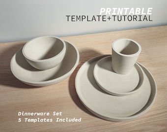 May include: A set of five printable templates for making a concrete dinnerware set. The set includes a bowl, a cup, and three plates. The templates are shown on a wooden surface.  Printable Template + Tutorial. Dinnerware Set. 5 Templates Included.