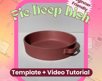 May include: A round, deep-dish pie pan in a matte, muted red color with two small side handles. The image includes text that reads "Beginner Friendly," "Pie Deep Dish," and "Template + Video Tutorial" set against a pink and white background.