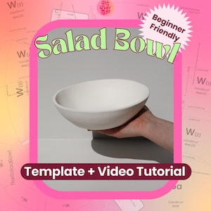 Può includere: Una ciotola bianca con una finitura liscia e opaca. L'immagine presenta del testo che recita Salad Bowl, Beginner Friendly e Template + Video Tutorial. Lo sfondo è una sovrapposizione grafica rosa con diagrammi tecnici ed etichette.