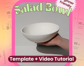 May include: A white bowl with a smooth, matte finish. The image features text that reads Salad Bowl, Beginner Friendly, and Template + Video Tutorial. The background is a pink graphic overlay with technical diagrams and labels for the bowl construction.