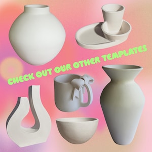May include: A collection of white ceramic objects including a round vase, a tray with a cup, a mug with a bow, a bowl, and a tall vase. The text CHECK OUT OUR OTHER TEMPLATES is displayed in green letters across the center of the image.